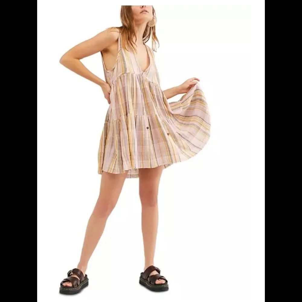 Free People FREEBIRD striped flounce cotton A line mini shirt dress XS